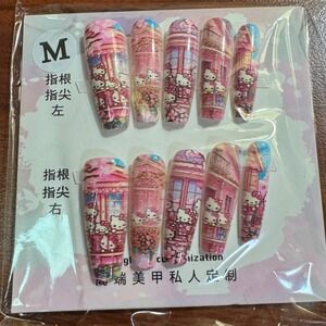 Press On Nails Medium Length Hello Kitty Coffin‎ Pink Nail Art Set